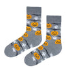 Ghost & Pumpkin Halloween Socks 👻🎃Featuring playful white ghosts, smiling orange pumpkins, and spooky black bats on a soft grey background —