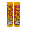 Donut Socks! Featuring the iconic donut-loving cartoon dad on a bright yellow background filled with pink frosted donuts