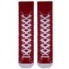 Lace Red Sneaker Socks. Featuring a white lace-up sneaker pattern on a bold red base, these socks give the illusion of classic high-top sneakers. 