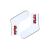 PLAY Tennis Socks – bold white socks featuring the word “PLAY” in striking black and red.