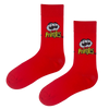 Pringles Red Snack-Inspired Socks. Designed for snack lovers, these vibrant red socks feature the iconic Pringles logo and a bold,
