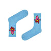  Rocket Blast-Off Socks! Featuring a playful pink rocket soaring through space with fiery red flames and yellow stars