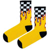  Speed Racer Flame Socks – Yellow Checkered Racing Style. Featuring bold black-and-white checkered patterns with blazing flames
