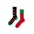  Strawberry Mismatched Socks! One sock is a black base bursting with strawberries and slices, while the other is a red sock with polka dots and a green scalloped top, mimicking a fresh berry. 
