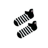  Striped Cow Ankle Socks in black and white. Featuring a cute cow face at the ankle and classic horizontal stripes,