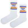 White crew socks with blue and orange stripes featuring "Just say no to bullshit" quote