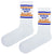 White crew socks with blue and orange stripes featuring "Just say no to bullshit" quote