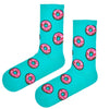 Pink Donut Socks – Blue Crew. Featuring playful pink frosted donuts on a bright turquoise base, these socks are perfect for foodies