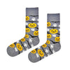 Pumpkin Ghost Bat Halloween Socks" in a cool grey base! These fun and festive crew socks feature smiling pumpkins, flying bats, and cute little ghosts